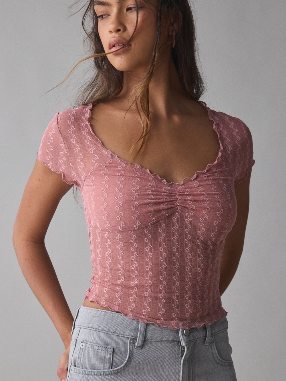 NWOT Urban Outfitters Kimchi Blue Annabella textured sheer mesh lettuce-edge top